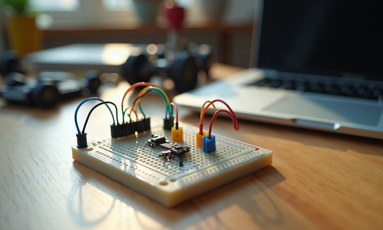Breadboard with jumper wires and LED components on wooden desk beside robot parts