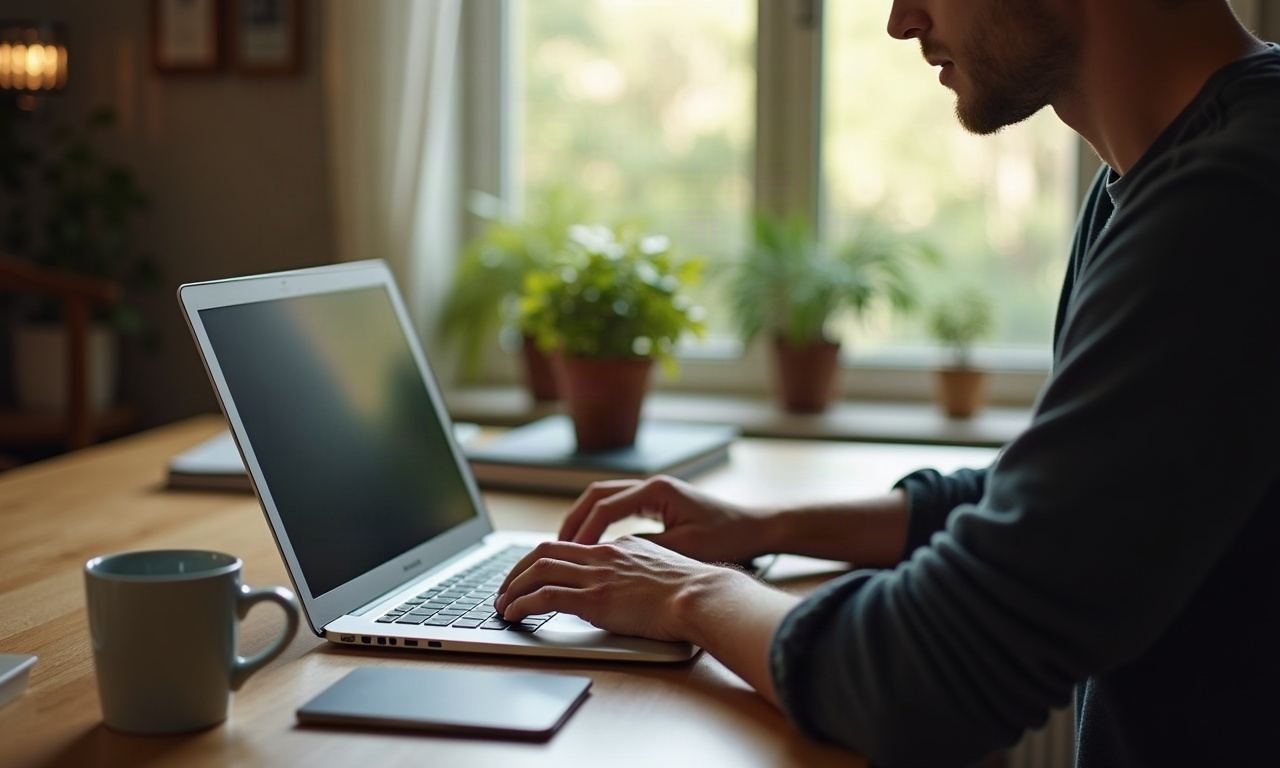 Hands typing on laptop keyboard at desk with mug and plant in warm light