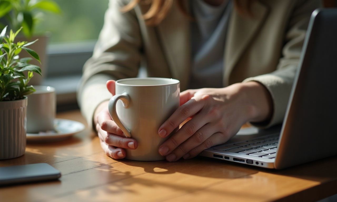 Hands holding ceramic mug on wooden table beside small plant in morning light