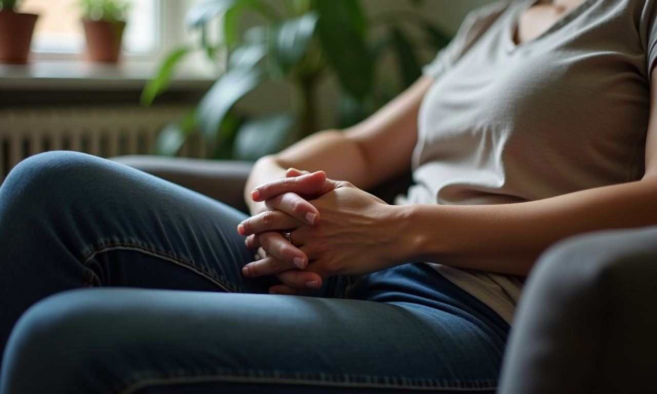 Hands resting in lap of person seated in armchair with plant in background