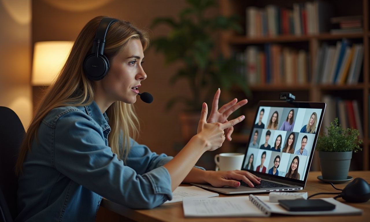 Instructor with headset at desk gesturing to laptop showing video call grid of students