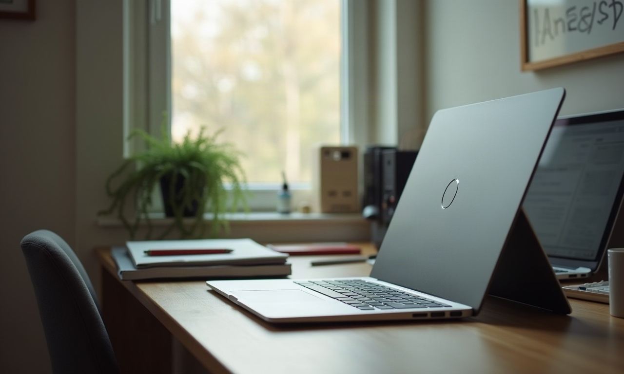 Tidy desk corner with notebook, pencil, and laptop in window light
