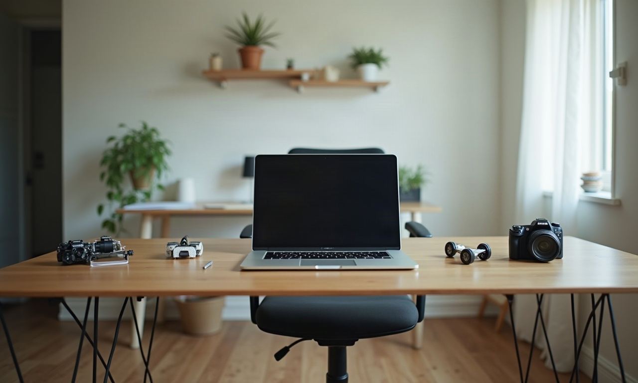 Home workspace with desk, laptop, and robot kit components in natural daylight